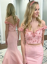 Pink Satin Appliques Beading Two Piece Off the Shoulder Prom Dress