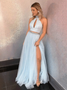 Two Piece High Neck Tulle Light Blue Sequins Prom Dress
