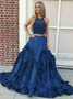 Two Piece Satin Beading A-Line Dark Blue Prom Dress With Ruffles