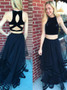 Cheap Long Black Two Piece Floor Length Tulle Prom Dress