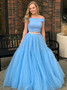 Blue Tulle Pearl Two Piece Off The Shoulder Prom Dress