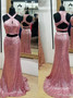 Two Piece Backless Pink Sequins Mermaid  Prom Dress