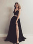 Spaghetti Straps Tulle A-Line Black Two Piece Prom Dress With Side Split