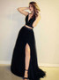 Spaghetti Straps Tulle A-Line Black Two Piece Prom Dress With Side Split