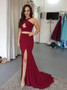 Burgundy Mermaid with Side Slit Two Piece Prom Dress