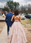  Beading Two Piece Pink Chiffon Open Back Floor Length Prom Dress