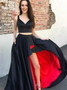 Hi Lo Satin Two Piece Long A-Line Black Prom Dress With Split