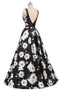 Floral Print  A Line Long Black Prom Ball Gowns Dress