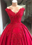 Satin Off-the-shoulder Red Ball Gown Evening Dress With Lace Appliques