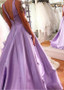  Satin V-neck Blue Floor-length A-line Evening Prom Dress