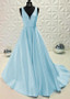  Satin V-neck Blue Floor-length A-line Evening Prom Dress