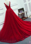 Tulle Jewel Beading Belt Red A-Line Evening Prom Dress