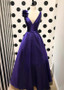 Satin V-neck Handmade Flower Purple A-line Evening Prom Dress