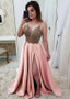 Satin Spaghetti Straps Pink  A-line Evening Prom  Dress With Beaded Lace Appliques