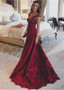 Satin V-neck Beading Lace Appliques Burgundy A-line Evening Prom Dress