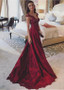 Satin V-neck Beading Lace Appliques Burgundy A-line Evening Prom Dress