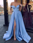  A-Line Off the Shoulder Satin Blue Prom Dress With Belt