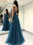Sexy V Neck  Long Side Split Tulle Beading Evening Prom Dress