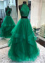Beading Green Tulle High Collar Two-piece A-line Prom Dress
