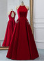 Satin Jewel Burgundy A-line Prom Dress With Beadings & Pockets