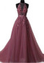 Jewel Pink Bead Lace Appliques & Belt Floor-length A-line Prom Dress