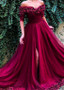 Tulle Off-the-shoulder Burgundy A-line Evening Dresses With Handmade Flowers