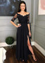 Half Sleeves Off-the-shoulder Black A-line Evening Dress With Lace Appliques & Slit