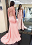 Satin Spaghetti Straps Pink Mermaid Prom Dresses With Beadings