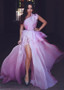 Organza One Shoulder Beading Purple High Low Evening Dress