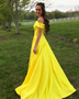 Off the Shoulder Yellow Satin Evening Dress with Pockets  