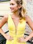 Plunging V Neck Ruched Beading Long Daffodil Yellow Prom Dress