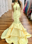 Halter With Open Back Long Mermaid Yellow Satin Prom Dress