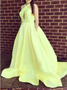 Brush Train Halter Satin Yellow Backless Prom Dress
