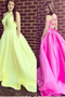 Brush Train Halter Satin Yellow Backless Prom Dress