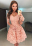 Coral Lace V-neck Neckline 3/4 Length Sleeves Homecoming Dress