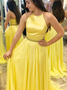 Beading Belt Yellow Chiffon Halter Long Prom Dress