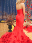 Strapless 3D Flower Long Red Mermaid Satin Prom Dress