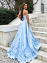 Sweetheart Sky Blue 3D Floral Applique Long Prom Dresses With Pocket