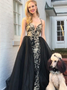 Appliques Black Sheath Spaghetti Straps  Over Skirt Prom Dress