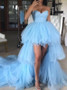 Long Train Blue Tulle Hi Lo Sweetheart Prom Dress