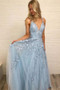 Sweet A-line V-neck Straps  Light Blue Tulle Prom Party Dress with Appliques