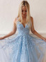Sweet A-line V-neck Straps  Light Blue Tulle Prom Party Dress with Appliques
