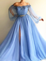 Princess Long Sleeves Blue Off-the-Shoulder Tulle Beading Prom Dresses