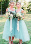 Mint Tulle Suqare  Hi-lo A-line Bridesmaid Dress With Belt