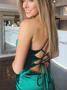 Satin Halter Crossed Straps Back Green Mermaid Prom Dress