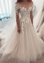 Long Sleeves Tulle Jewel 3D Flowers A-line Wedding Dresses With Lace Appliques