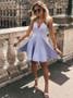 Sleeveless Short Lavender A-Line V-Neck Satin Homecoming Dress