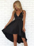 High Low Sleeveless A-Line V-Neck Black Satin Homecoming Dress