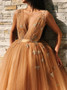 Gold Tulle A-Line V-Neck Backless Homecoming Dress with Appliques