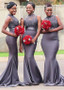 Appliques Illusion High Neck Gray  Mermaid Bridesmaid Dress